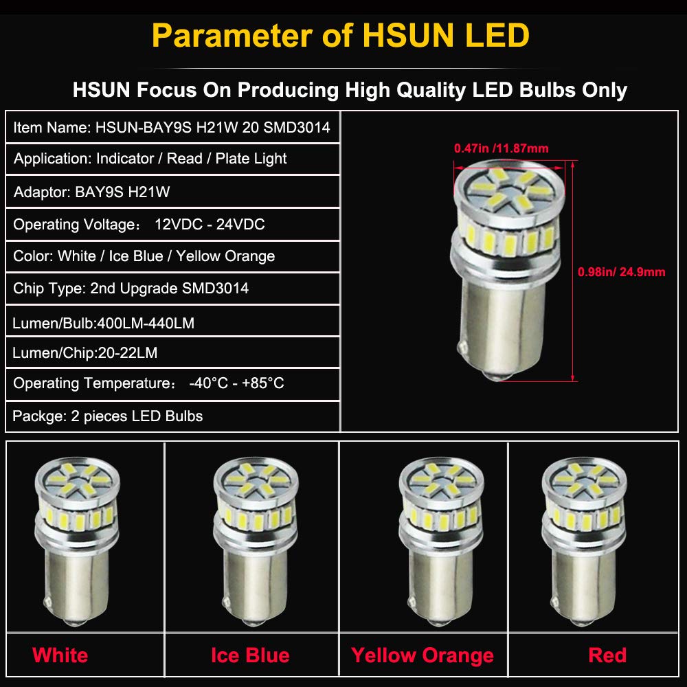 HSUN BAY9S H21W LED lampadine con Canbus Senza Errori per la Luce di Lettura Indicatore e Molto Altro 6000K Bianco