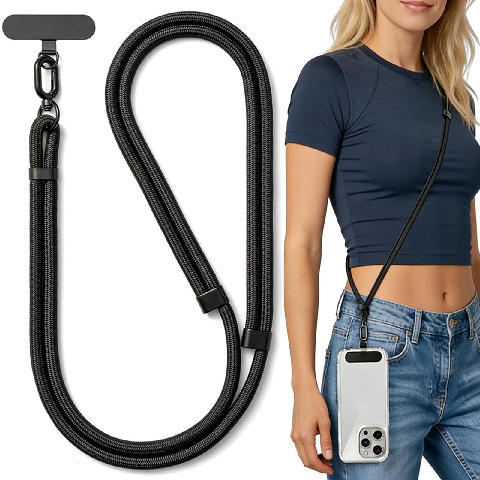VOOSFSIE Phone Lanyard Strap with Patch, Adjustable Anti-Theft Phone Crossbody Strap, Neck Holder, Black Universal Nylon Neck Lanyard for Most Smartphones and Cases, Key