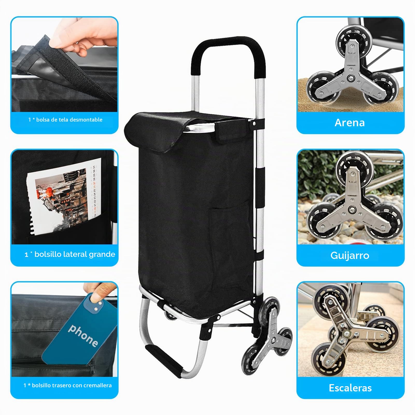 Carro de la compra plegable 3 en 1, carro de la compra para escalera, carrito de compras plegable con bolsa de lona impermeable extraíble y ruedas para escalera, carrito multiusos portátil