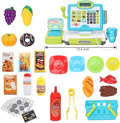Miniatura 5 de FS Calculadora de juego de simulación, juguetes registradores con escáner, dibujo grande, micrófono, comida de juego, cajero de supermercado, gran