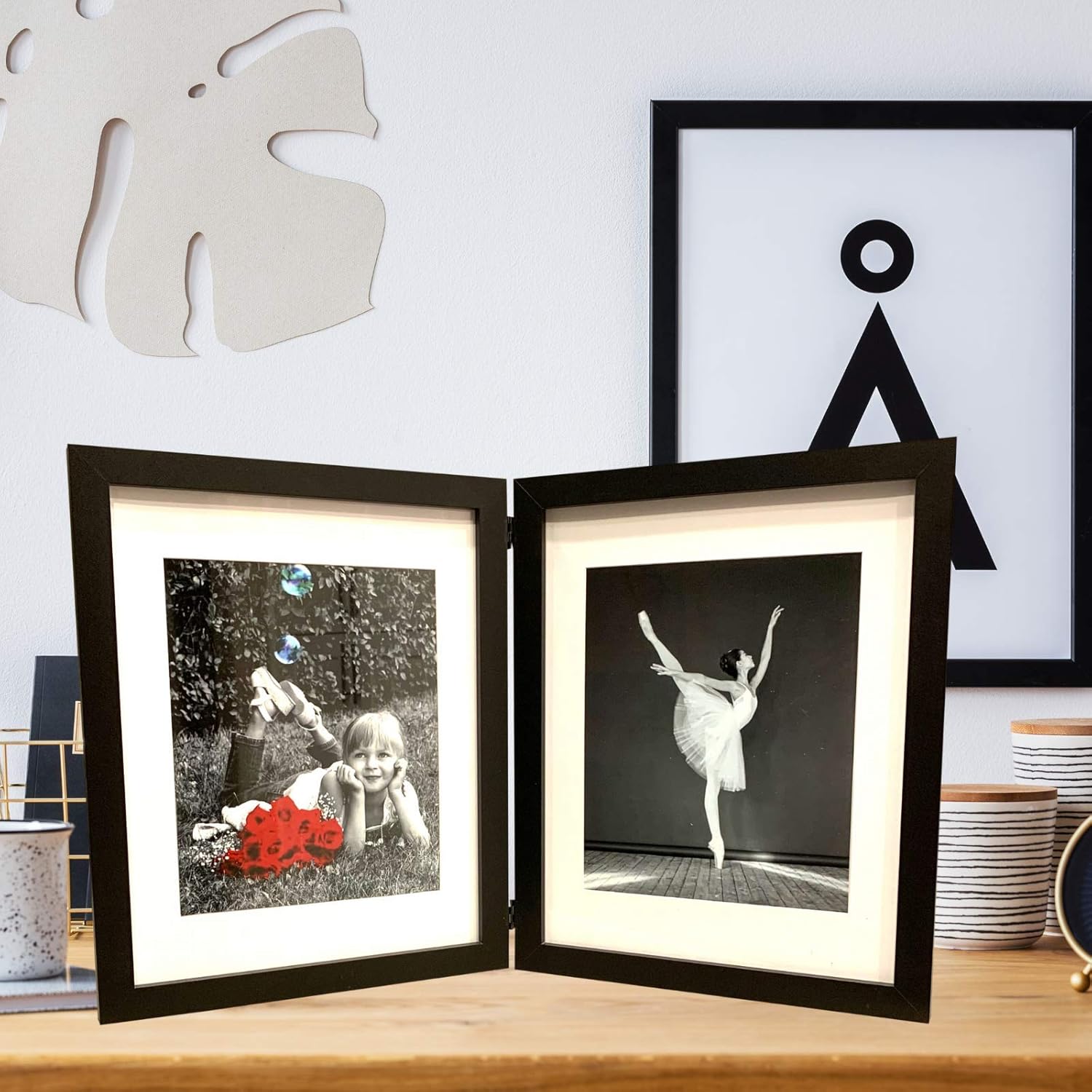 Tasse Verre 11x14 Black Folding Picture Frames With 8x10 Mats and HIGH DEFINITION GLASS - Displays Two Collage Pictures, Double Hinged Photo Frame Stands Vertically on Desktop