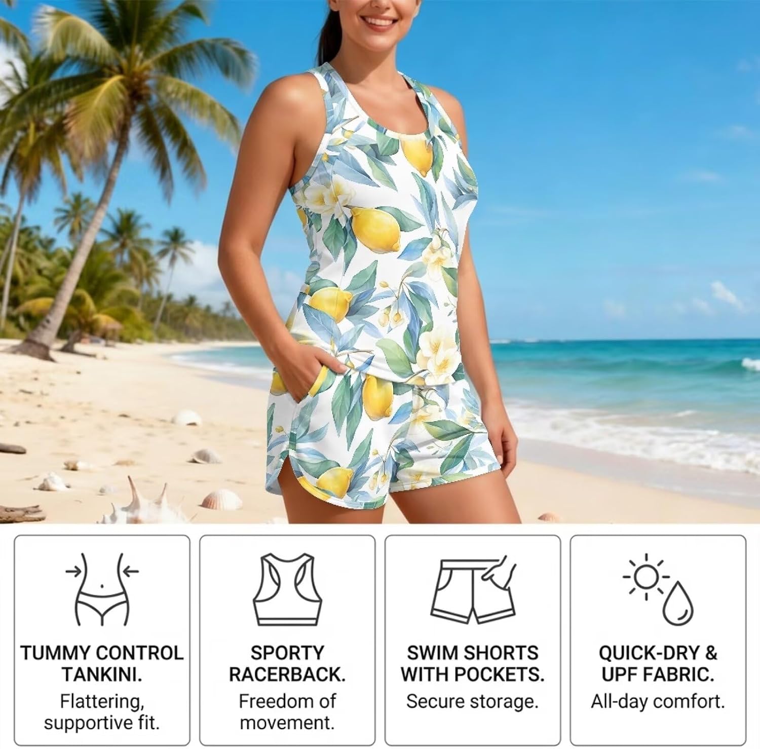 Blouson Tankini Swimsuits for Women Two-Piece Swimwear, Tummy Control Sporty with Pockets Boy Shorts