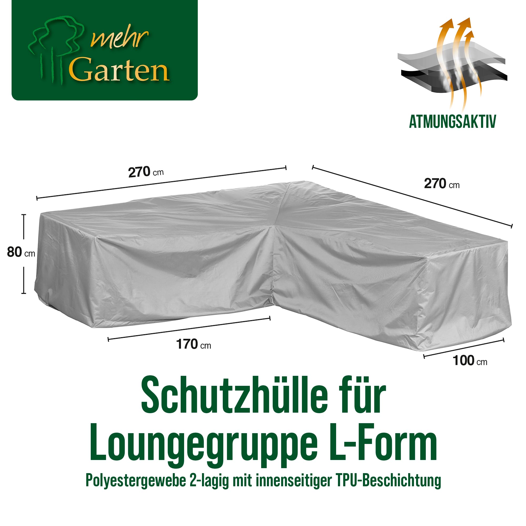 Premium Protect Lounge Abdeckung L-Form 270x270x80 cm | wasserdicht, UV-beständig und atmungsaktiv – 2-lagiges Polyestergewebe, Schutzhülle für Gartenmöbel mit Kordelzug