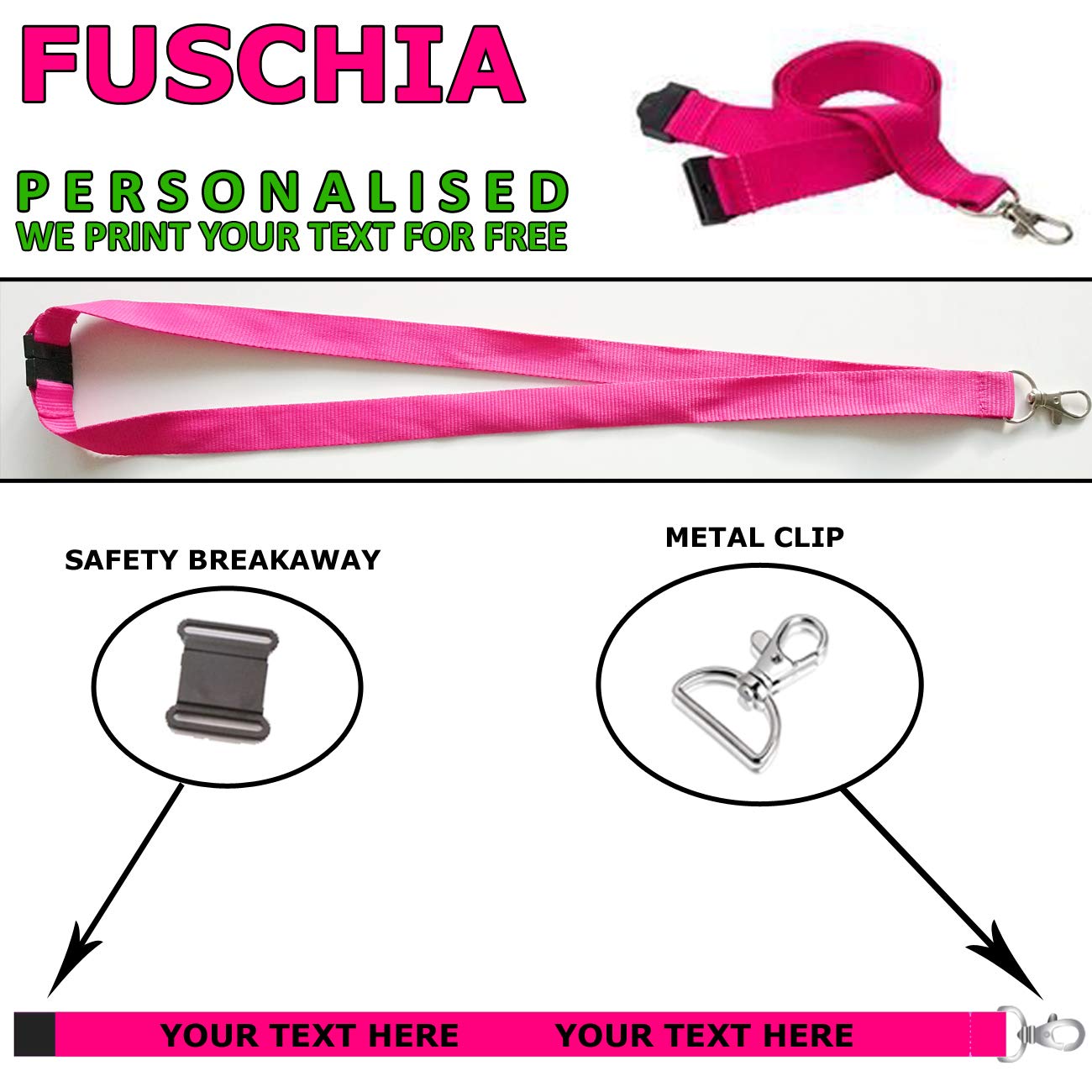 Personalised Lanyard Printed Neck Strap Custom Made with Your Text Lanyards for Holding a Name Badge, ID Card or Keys (Fuschia)