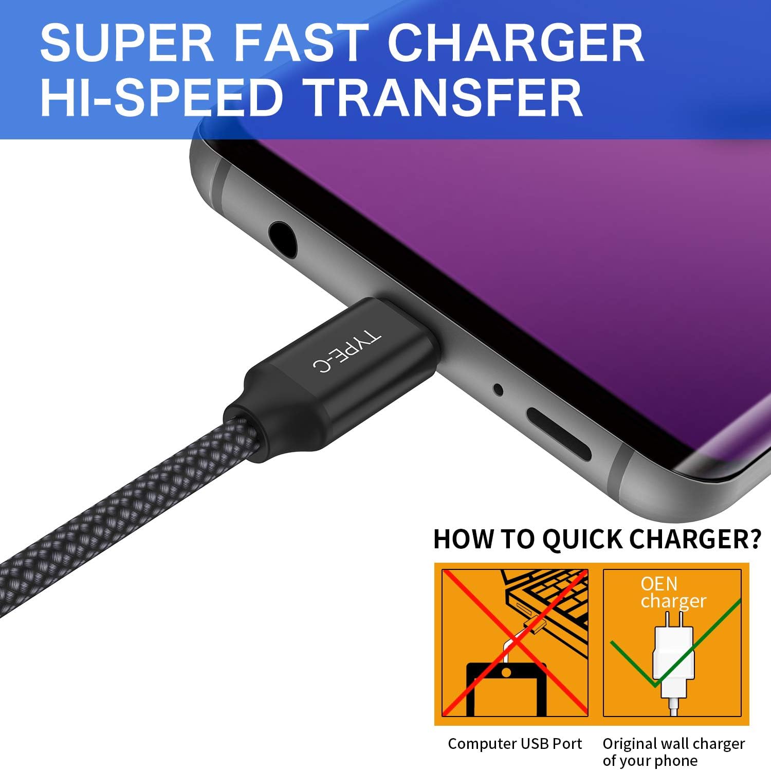 Short USB Type C Cable,OneKer(1ft 2-Pack) Portable USB-C Charger Nylon Braided Fast Charging Cord Compatible Samsung Galaxy S10 S9 S8 Plus Note 9 8,LG G5 G6 V20 30,Google Pixel 2 XL,Power Bank (Black)