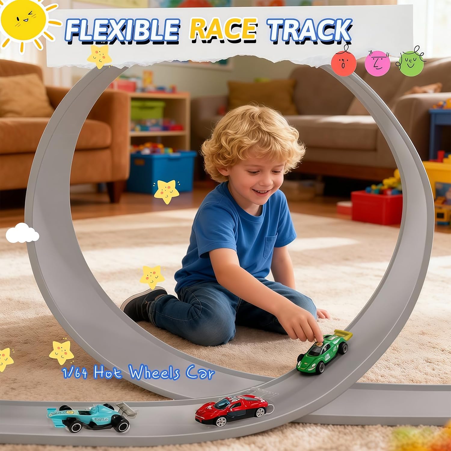 Flexible Race Track for Kids, 16 Ft Flex Race Car Ramp Track with Racing Cars Track Toys Compatible with Diecast 1/64th Hot Wheel Cars Rolls up Portable Car Ramp Toys for Boys and Girls Ages 3+ -