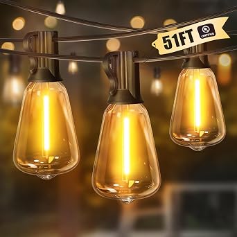 LAMPHOME 51FT Outdoor String Lights Waterproof, 2700K Bright LED Patio Lights with 25+2Spare ST38 Shatterproof Vintage Bulbs, Retro Connectable Edison for Outside, Garden, Balcony, Porch