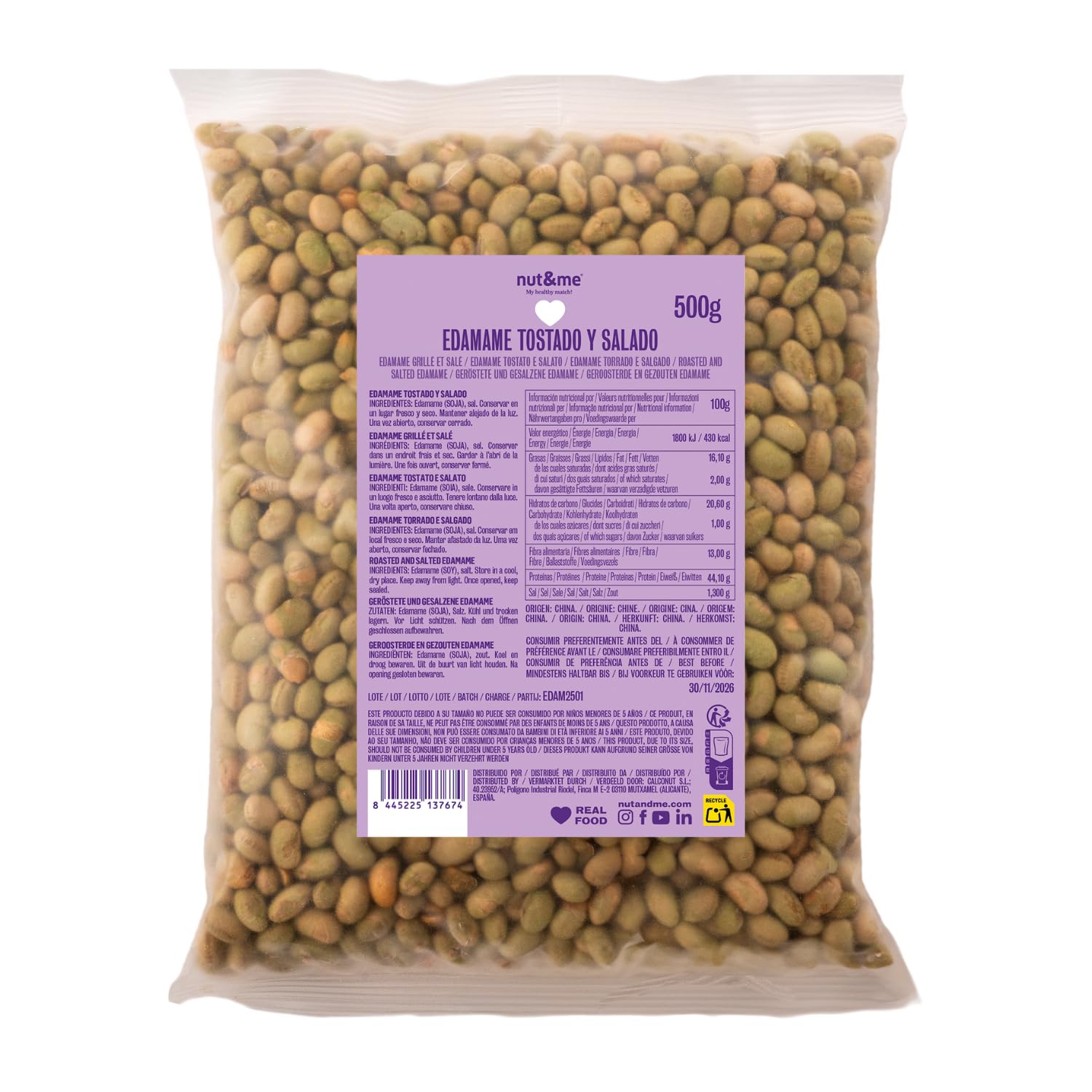Edamame tostado y salado 500 gr nut&me | Sin gluten y sin azúcares añadidos | Alto en proteínas | Snack crujiente |