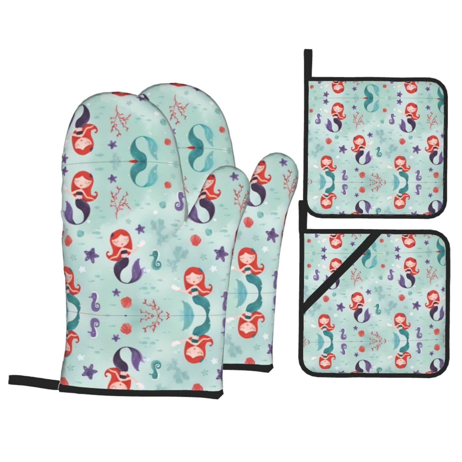 YYHHAOFA Beautiful mermaid Prints Kitchen Baking Set with Heat Resistant Pot Holders & Oven Mitts - Waterproof Layers for Cooking, Grilling & Serving, Includes Pocket Layer