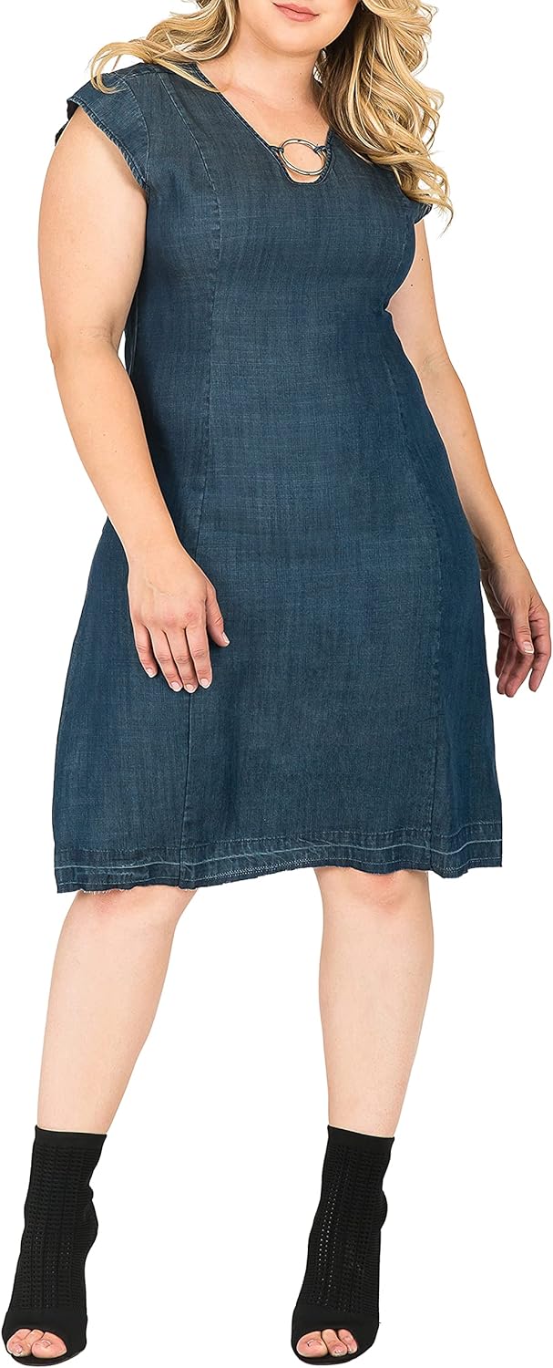 Standards & Practices Women's Plus Size Off The Shoulder Peasant Tencel Denim Dress Knee Length