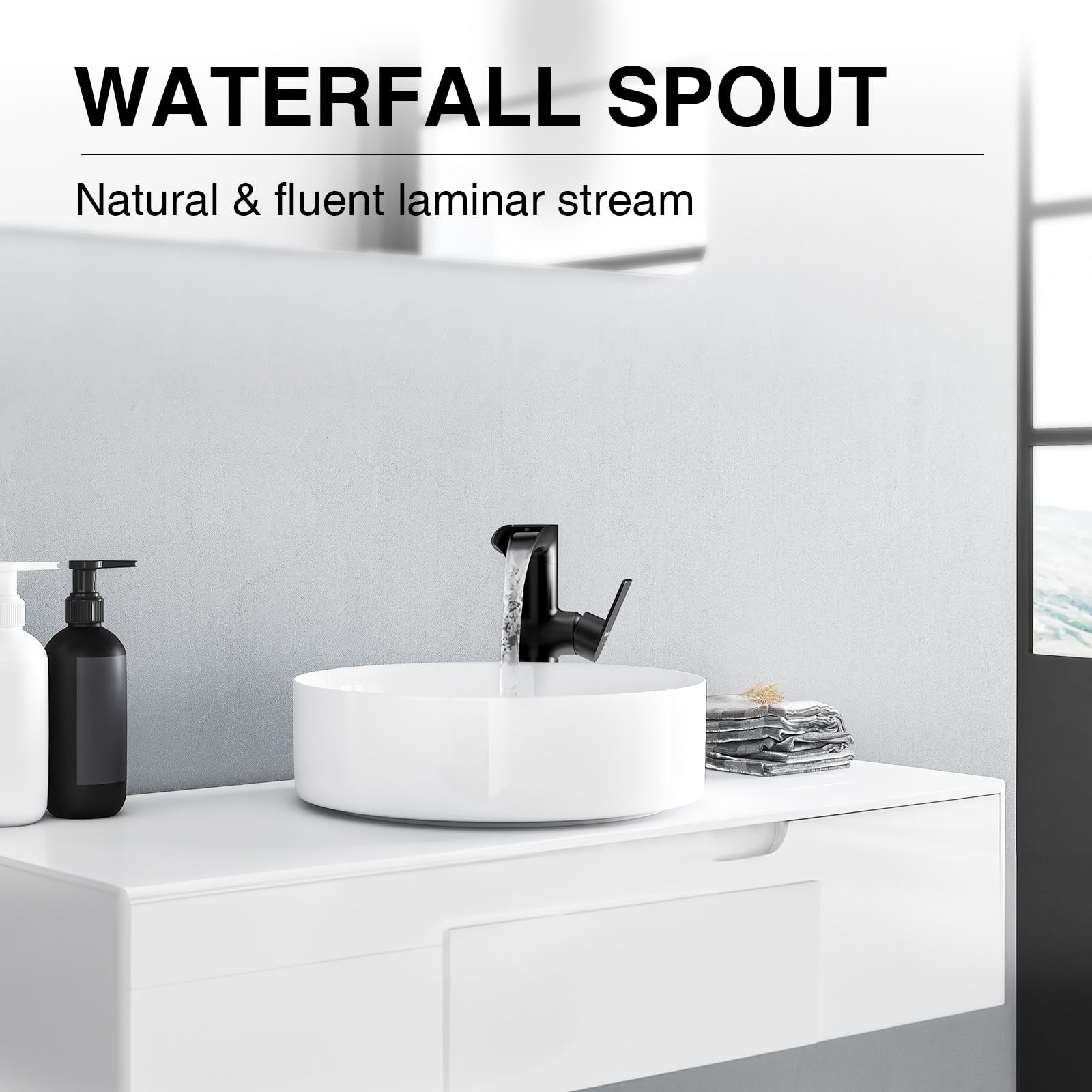 Sanliv Waschbeckenarmatur, Mattschwarz, Wasserfall-Design – Mit Pop-Up Ablauf, Einhebel, Für Waschtisch