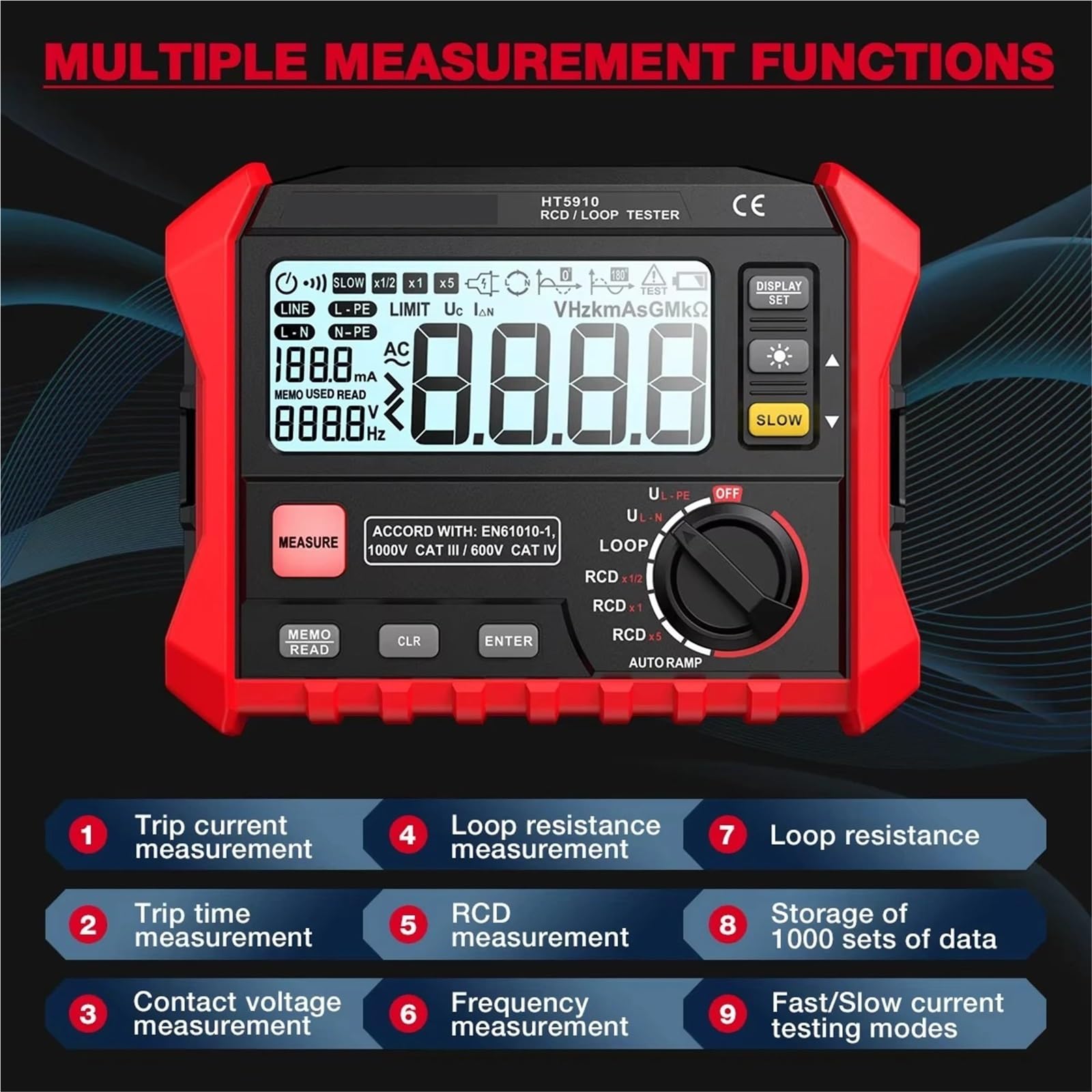 Analizzatore di reti elettriche, HT5910 Misuratore di Resistenza Interruttore Dispersione Tester LCD da 4.7 pollici Digitale RCD/Loop 1000 Memorizzazione Dati Voltmetro Elettricista