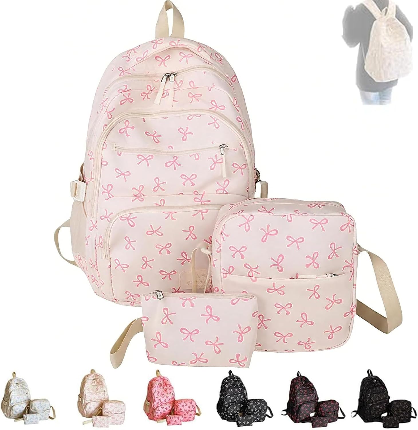 Pink Bow Backpack Cute for Womens and Girls, Kawaii Coquette Nylon Backpack, 3PCS Set Large Capacity Bow Bookbag Shoulder Bag (Pink)