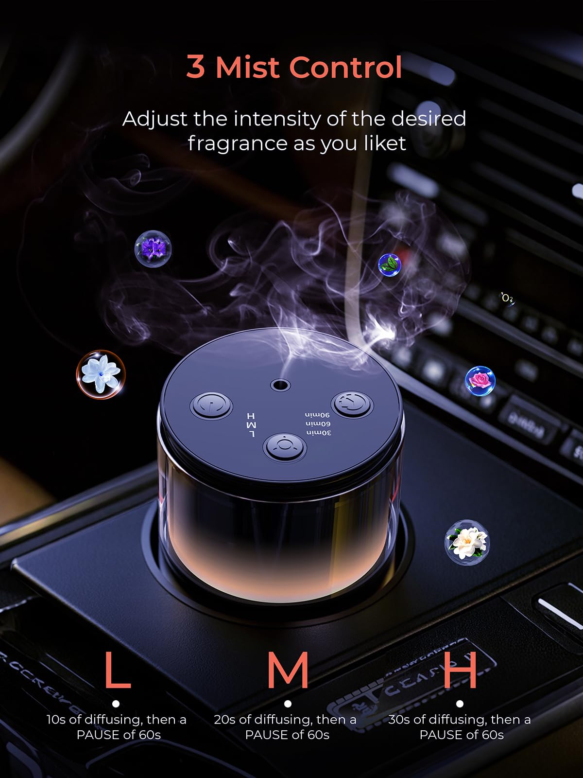 Diffuseur sans eau pour huiles essentielles : mini diffuseur de parfum à batterie pour chambre, maison et voiture avec 9 couleurs de lumière LED – Arôme brume froide Obsidienne noire