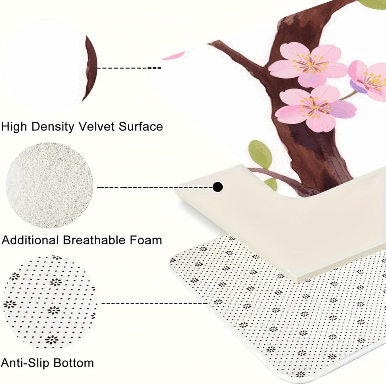 Pink Sakura Branch Kitchen Mats for Floor 3 Pcs Kitchen Rugs