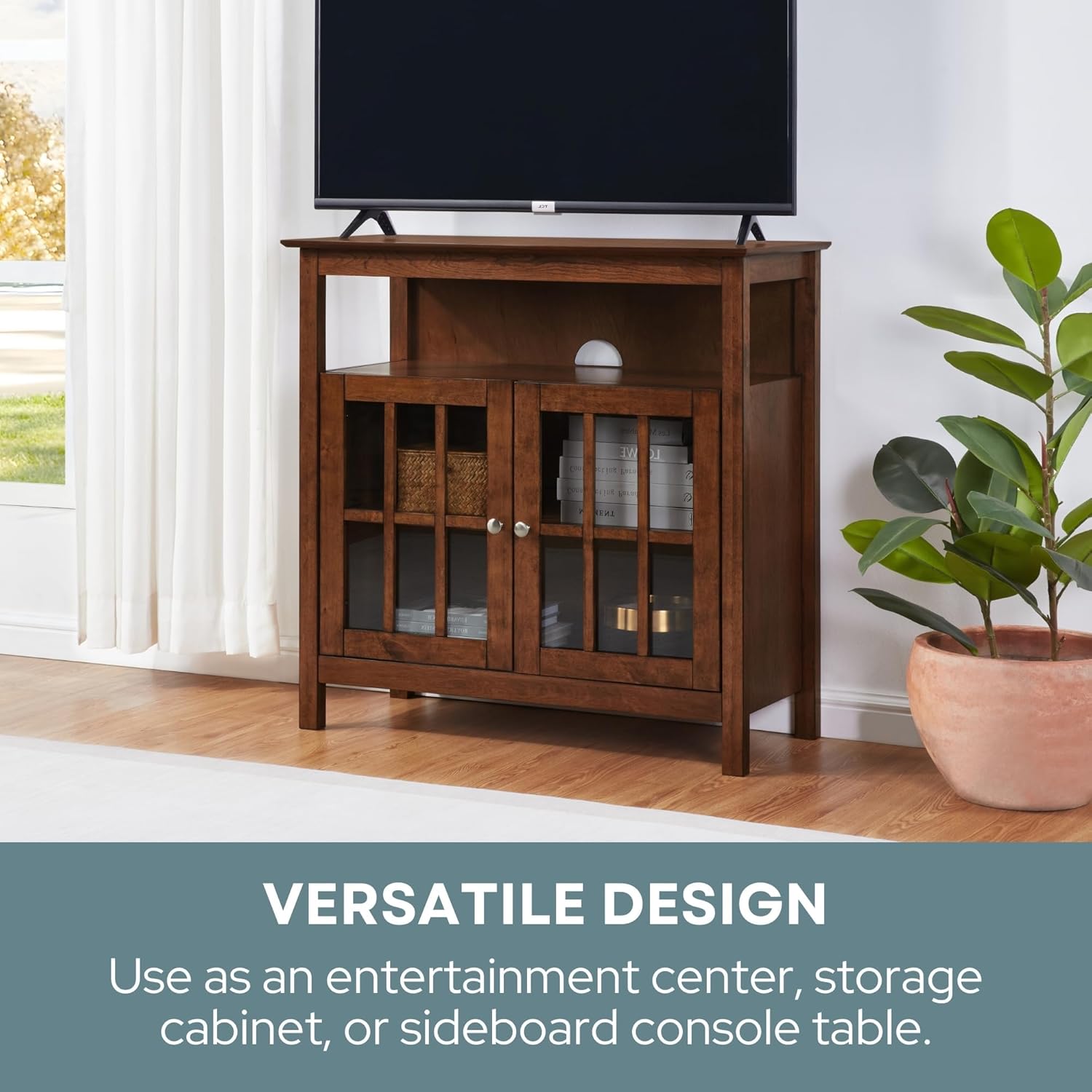 Pemberly Row 42" TV Stand Entertainment Console, Dark Walnut Finish, Solid Pine and Birch Veneer, Tempered Glass Doors, Open Storage, Enclosed Shelves, Cable Management, Living Room or Bedroom