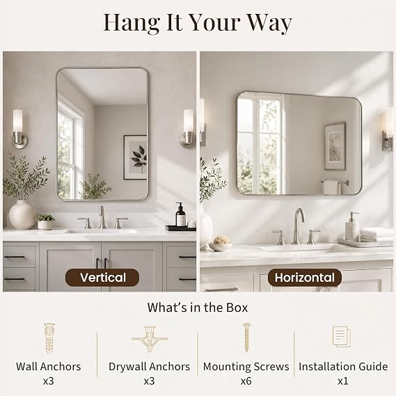 2-Pack 24x36 Inch Brushed Nickel Rounded Rectangle Vanity Mirrors