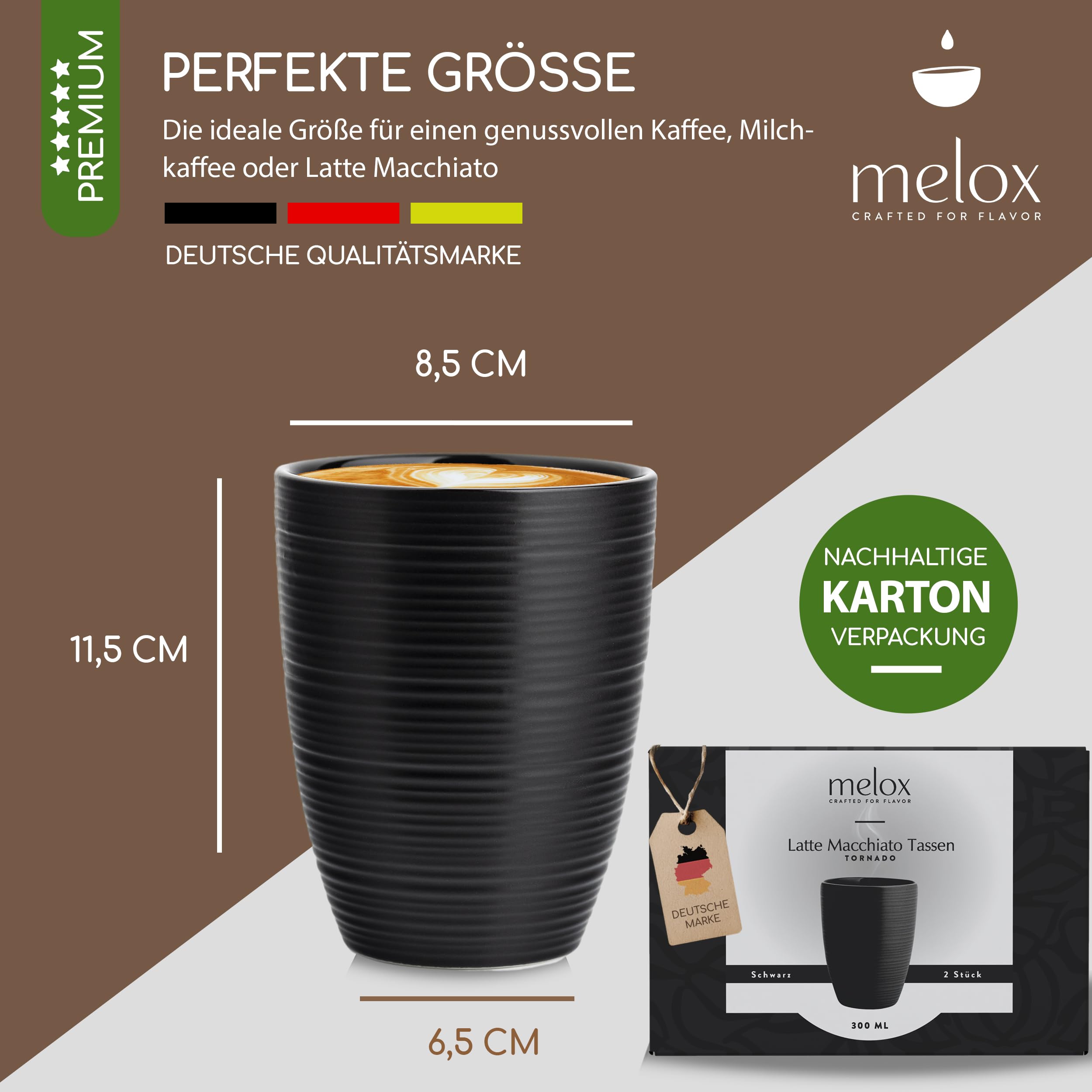 MELOX - Set di 2 tazze da latte macchiato Tornado Line Porcellana Nero senza manico - 2 tazze da 300 ml per latte, caffè e cappuccino a pareti spesse - tazze da caffè in design italiano