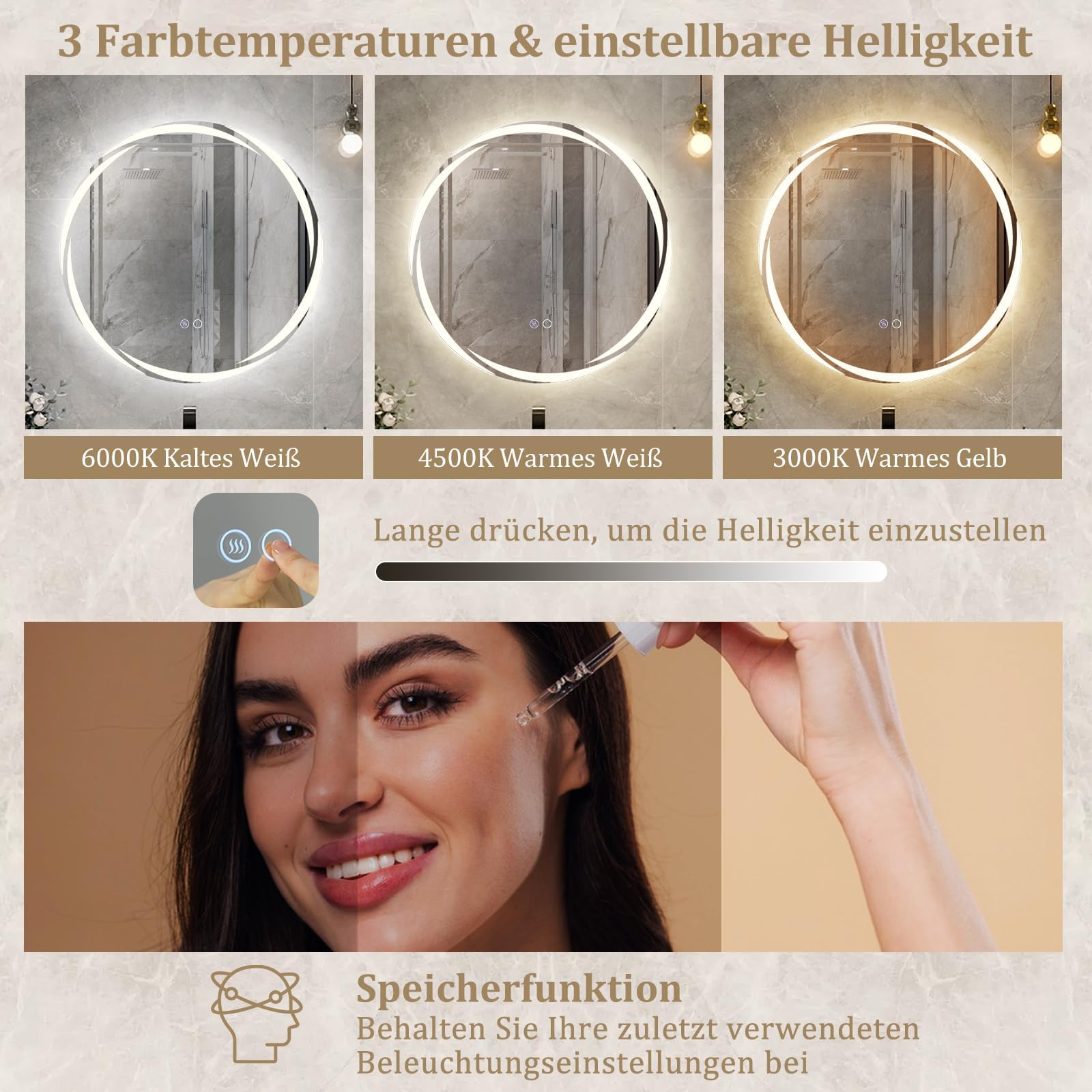 FANTASK Specchio da bagno a LED con illuminazione, 60 cm, rotondo, anti-appannamento, da parete, dimmerabile, con interruttore touch e funzione memoria, per bagno, ovale, 60 L x 60 B cm