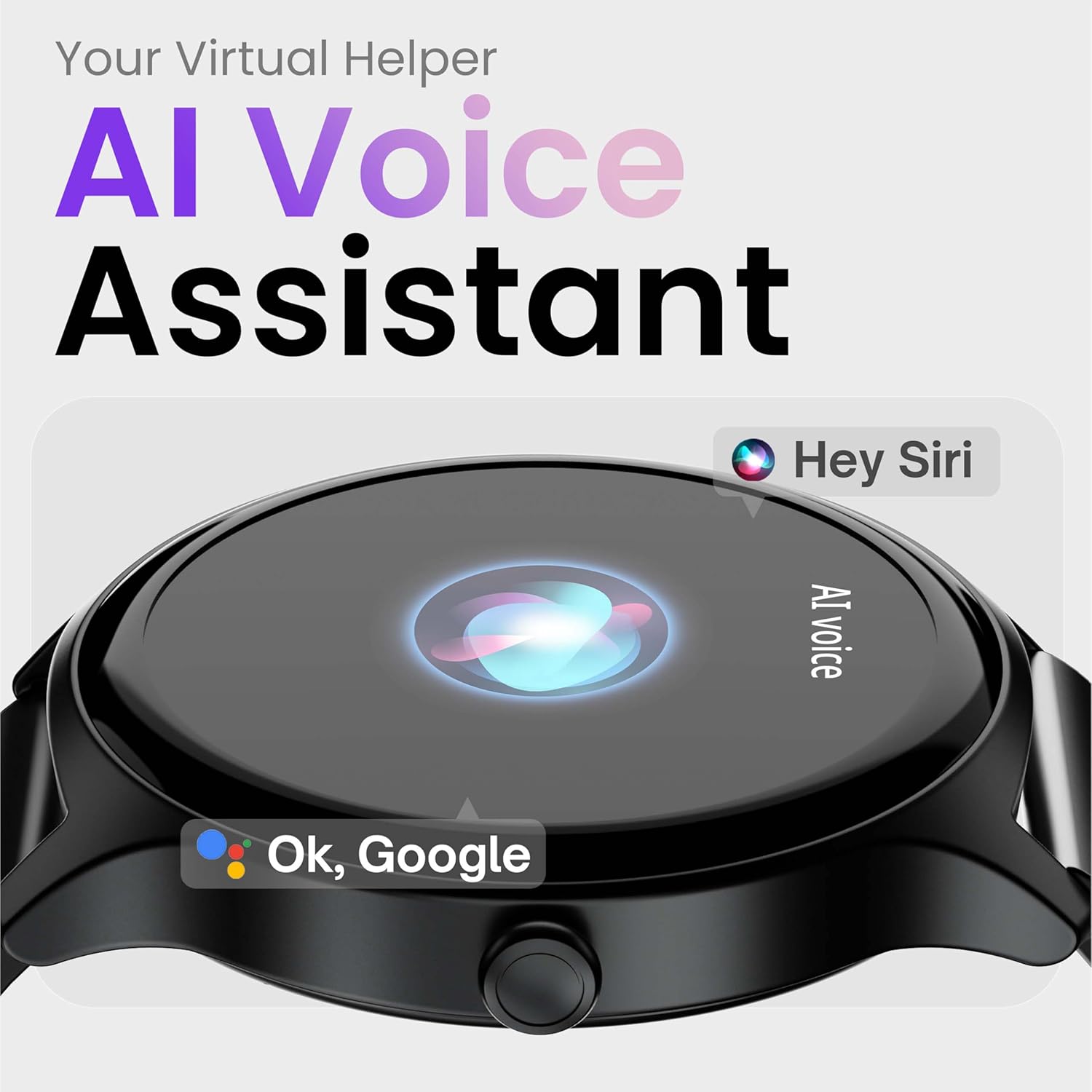 GOBOULT Rover Pro Smartwatch AI Voice Assistant feature, showing compatibility with Hey Siri and Ok Google