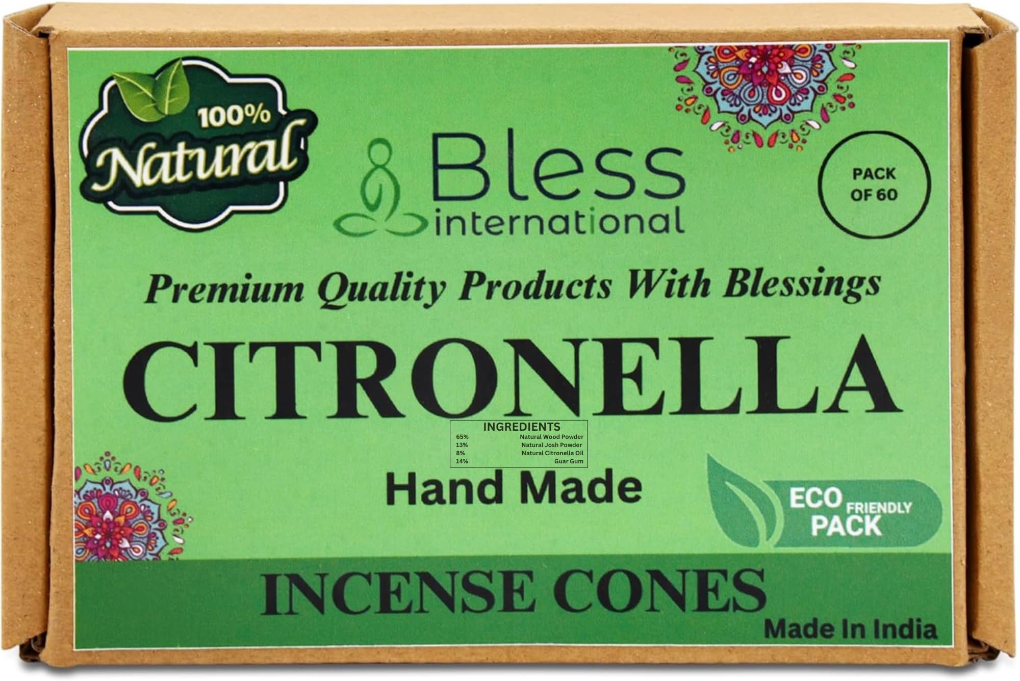 Bless International Citronella 100%-Natural-Incense-Cones Handmade-Hand-Dipped Organic-Chemicals-Free for-Purification-Relaxation-Positivity-Yoga-Meditation The-Best-scents (60 Count)