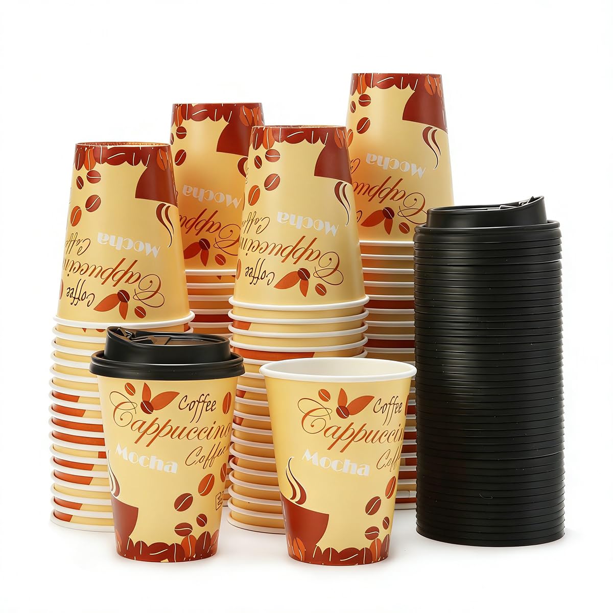 Tamone 100 PACK 12OZ Disposable Cups with Lids, To Go Coffee Cups with Lids Leak Proof, Coffee Design Brown Paper Cups for Cold/Hot Beverage Chocolate