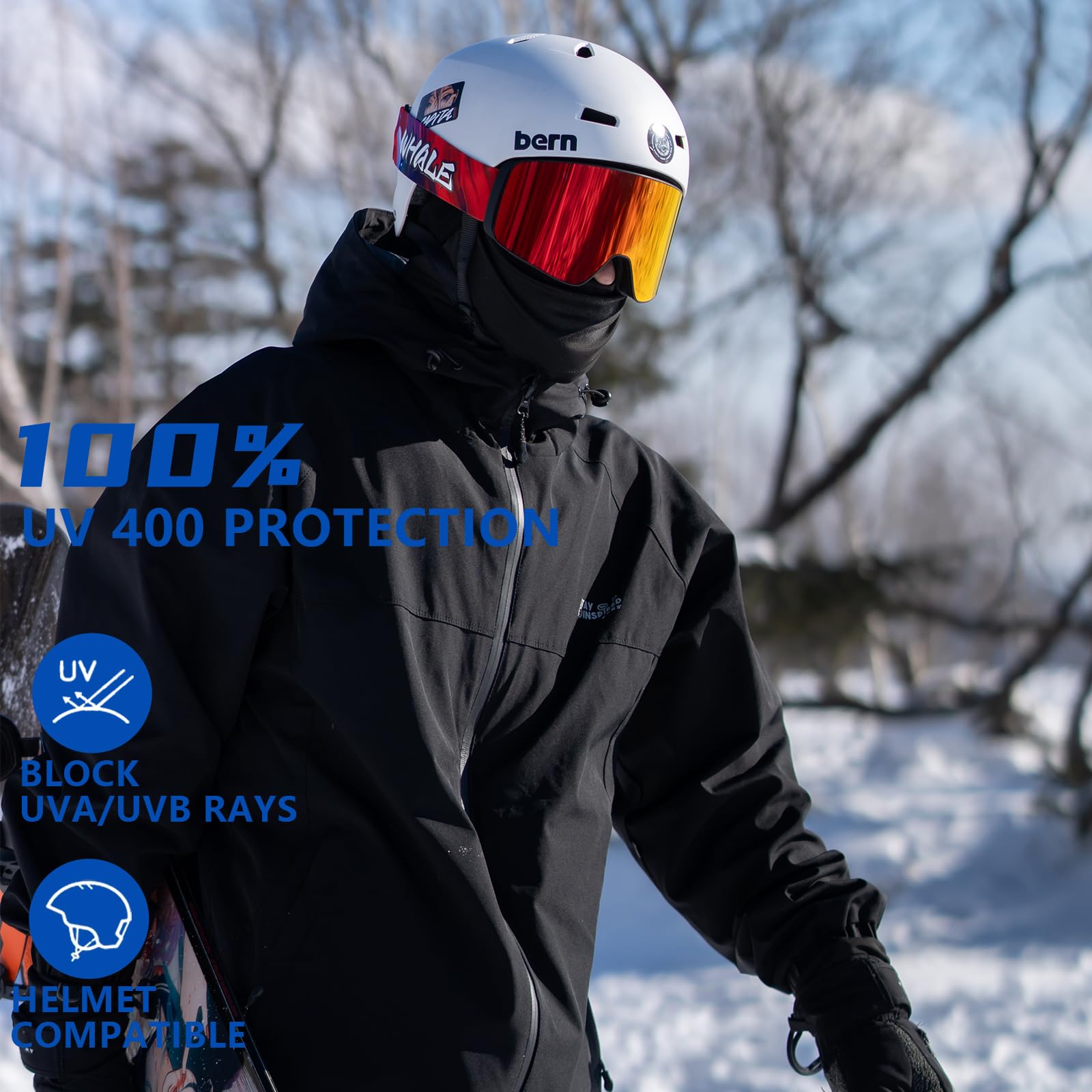 Whale Lunettes de ski OTG anti-buée sans monture pour homme, femme et jeune – Protection UV à 100 %