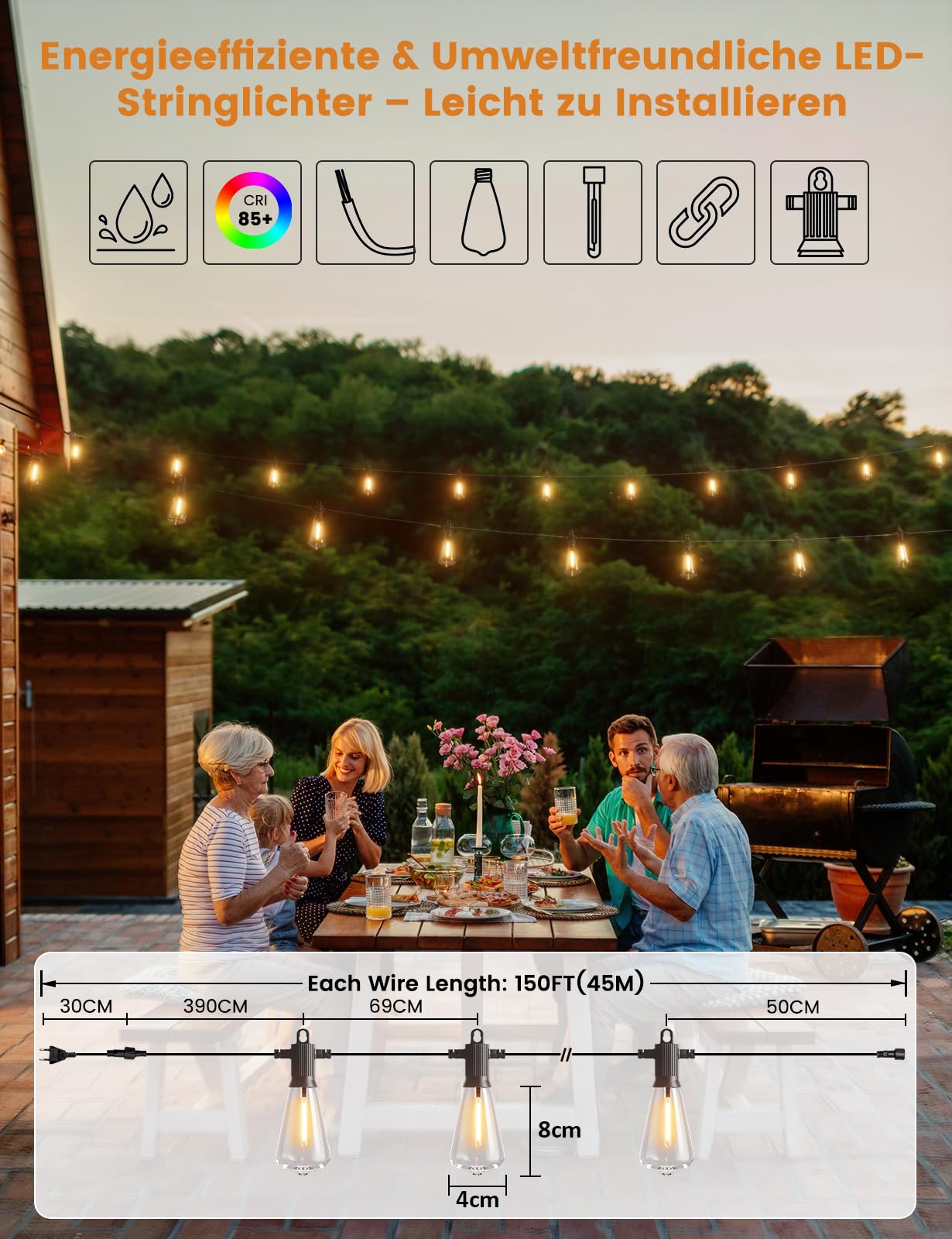 ZOTOYI LED Lichterkette Außen, 45M Lichterkette Außen Strom IP65 Wasserdicht mit 60+3 ST38 Plastik Birnen, Warmweiß Outdoor Lichterkette für Garten Terrasse, Partys, Hochzeit, Festival
