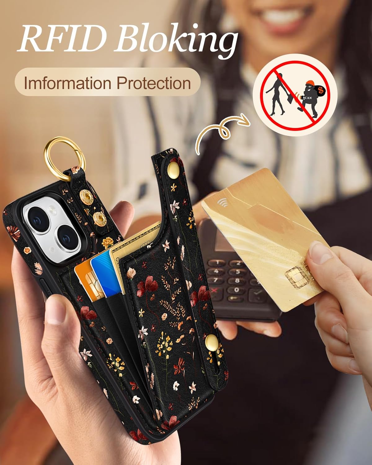 Petitian for iPhone 15 Plus Case with Wallet - Women Girls Cute Girly Aesthetic Unique Design with Leather Credit Card Holder Cardholder Stand Wristband for Apple 15 Plus, Grow Flower - Image 4