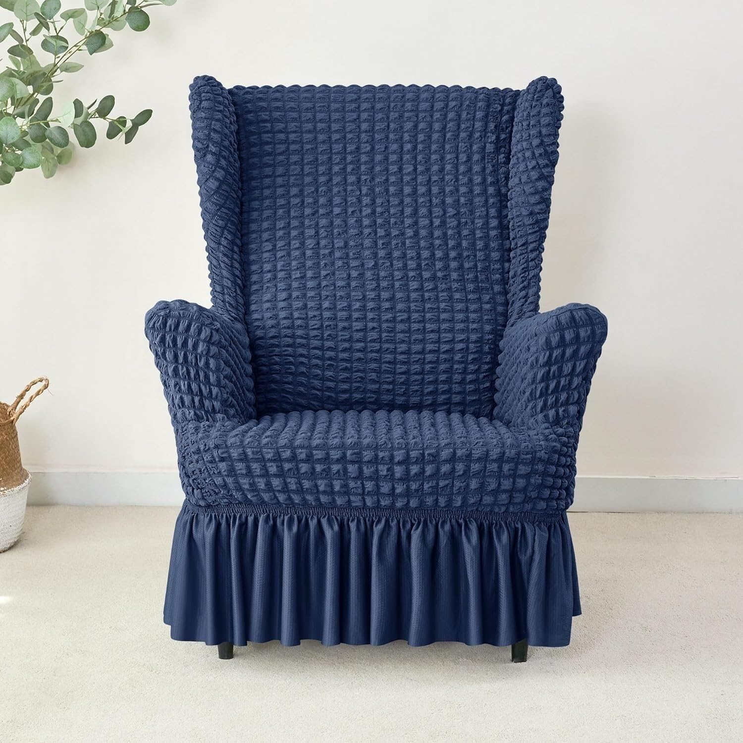 Stretch Seersucker Wingback Chair Cover, Universal Bubble Wingchair Slipcovers with Skirt, Living Room High Back Armchair Protector Set with Ottoman Covers(Dark Blue,Chair+Ottoman)
