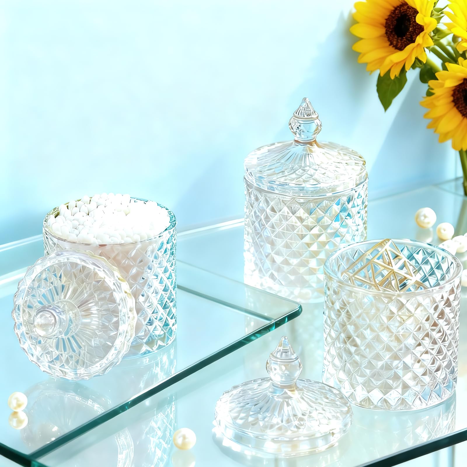 Confezione da 4 barattoli in vetro per caramelle con coperchi, barattoli decorativi in cristallo, barattoli in vetro per biscotti, zuccheriere per buffet, cucina, casa, bagno, scrivania dell'ufficio