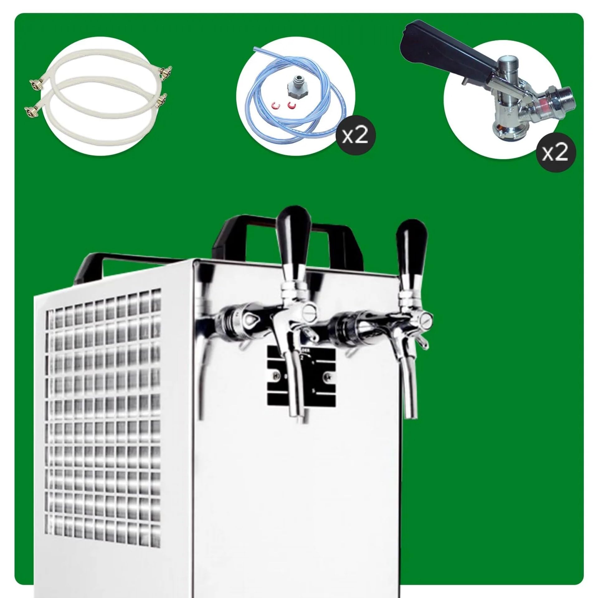 Kit completo sistema de dispensación de cerveza, contactador 40/K 2 líneas, enfriamiento seco, acero inoxidable, 50 l/h, bomba de membrana Green Line, keg tipo D, keg 2 tipo A