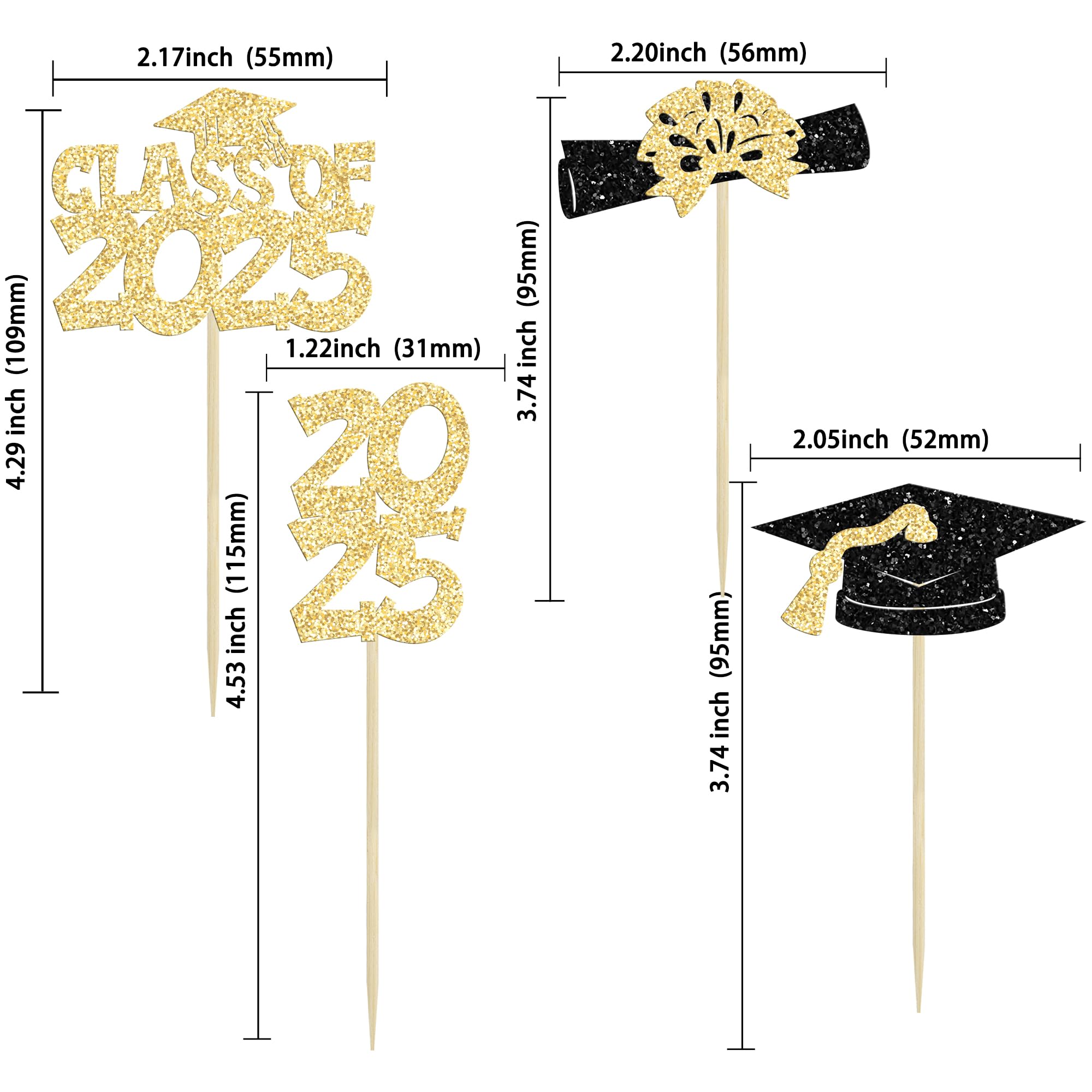 Ephlyn 36Pcs 2026 Graduation Theme Cupcake Toppers Glitter Class of 2026 Congrats Grad Diploma Graduation Cap Cupcake Picks for 2026 Graduation Theme Party Cake Decorations Supplies Gold - Image 2