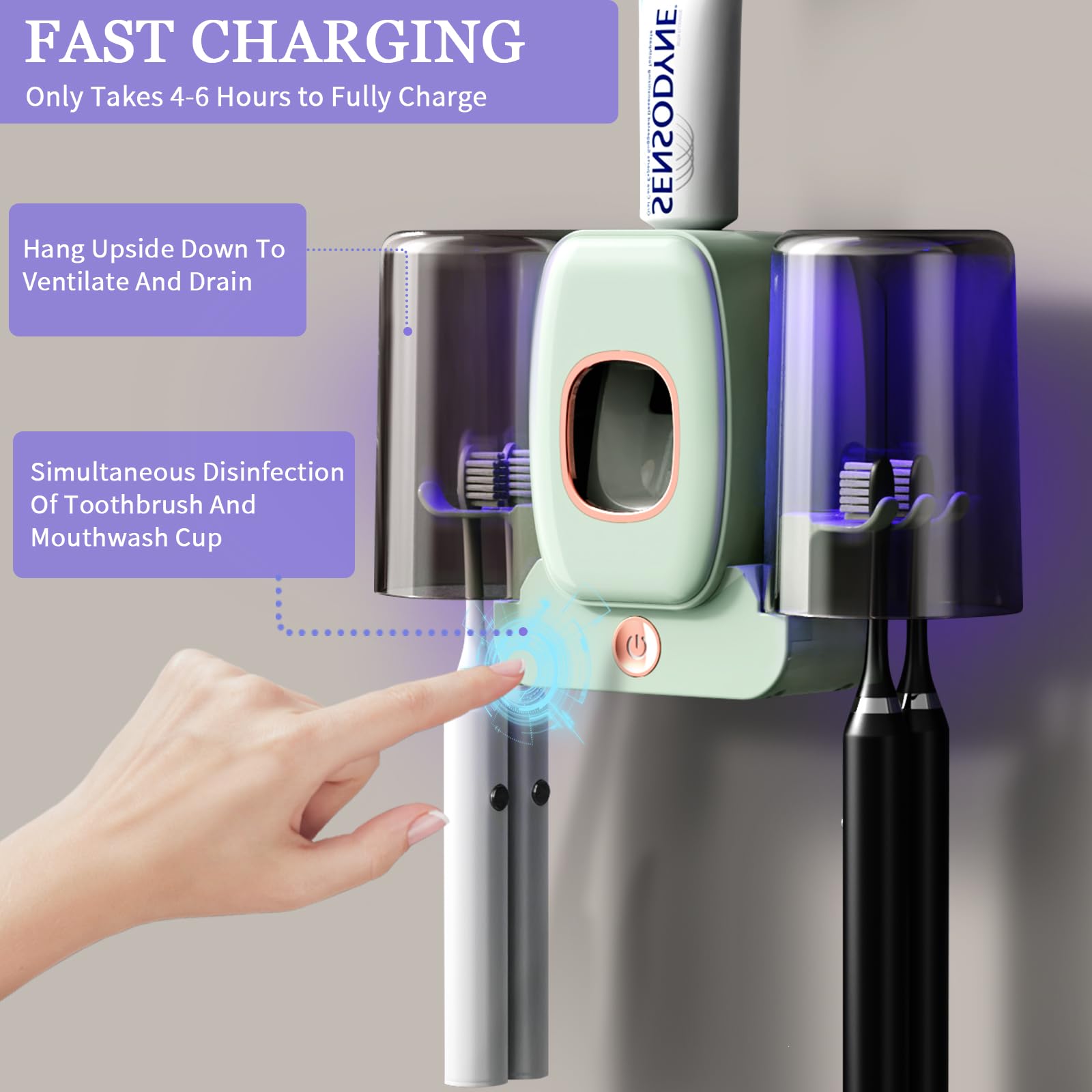 Portaspazzolino per bagno, ricaricabile, senza fili, montaggio a parete, porta spazzolino elettrico con 2 tazze, 4 scomparti per spazzolino da denti, dispenser di dentifricio (verde)