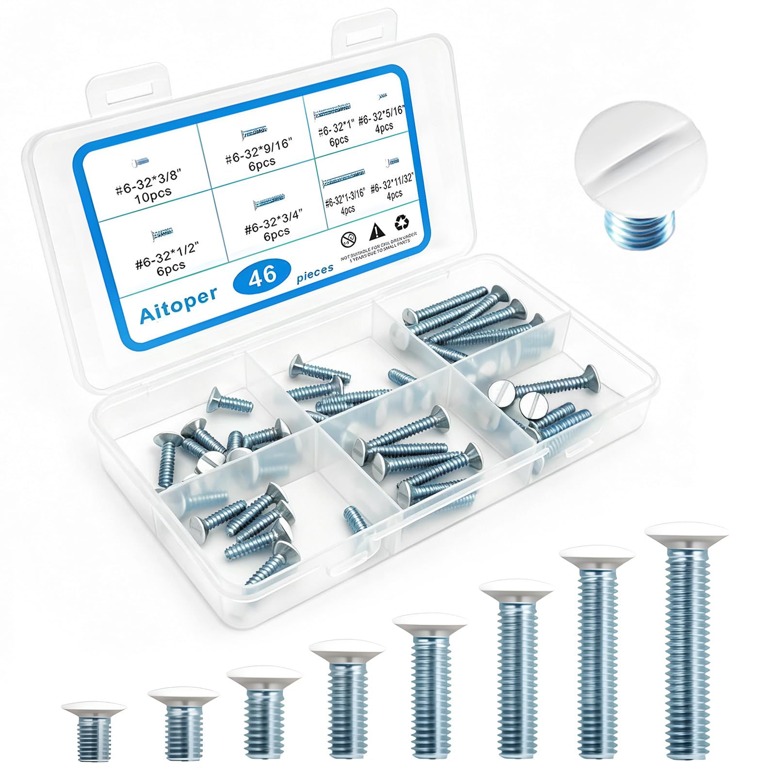 Photo 1 of Wall Plate Screws Kit - 46 Pcs 6-32 Thread, 8 Lengths (5/16", 11/32", 3/8", 1/2", 9/16", 3/4", 1", 1-3/16") White Screws for Electrical Outlet & Switch Plate Covers