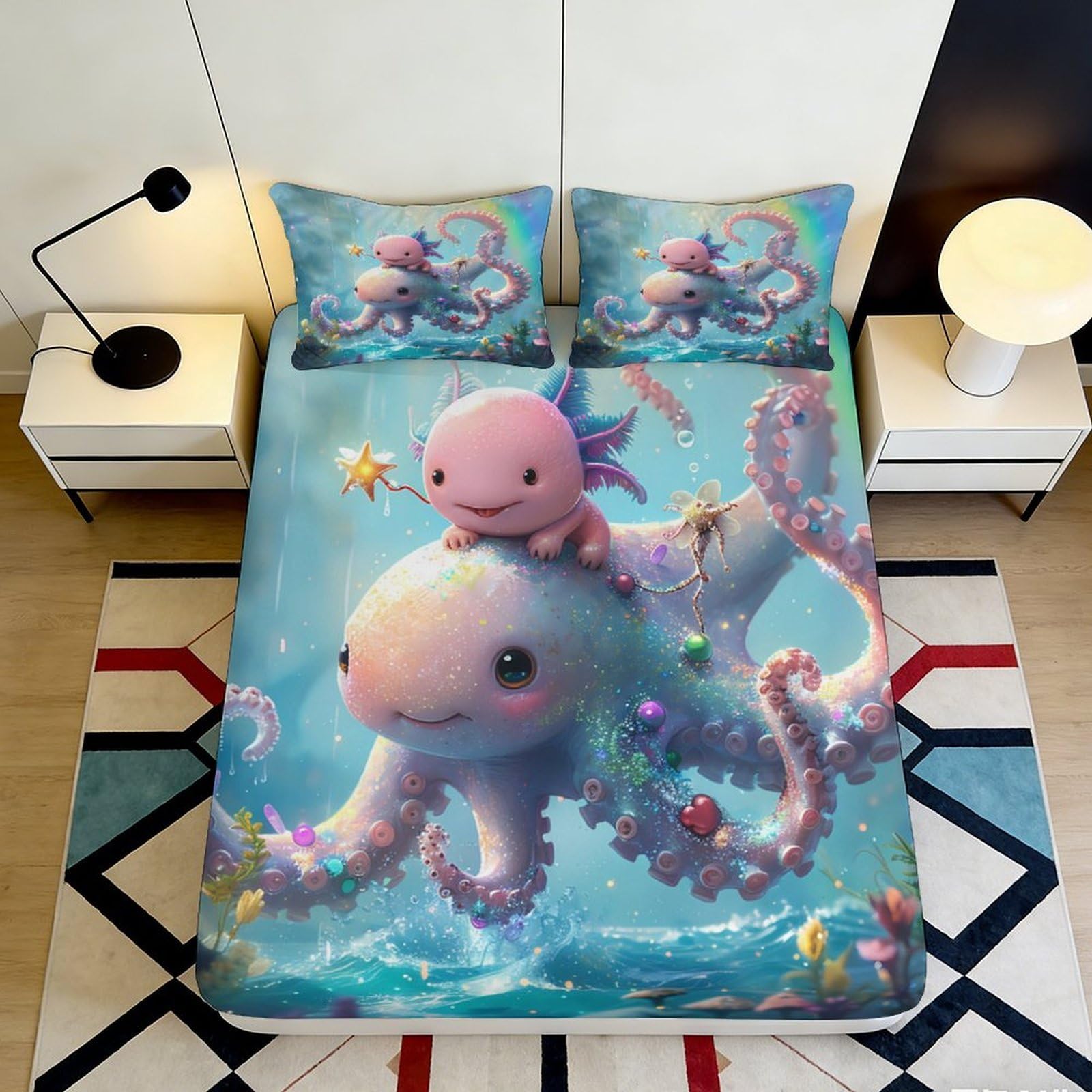 3D Printed Ocean Octopus Fitted Sheet Microfiber Deep Pocket Bedroom Non-Slip Octopus Mattress Fitted Cover for Adults Teens 140x200x25cm