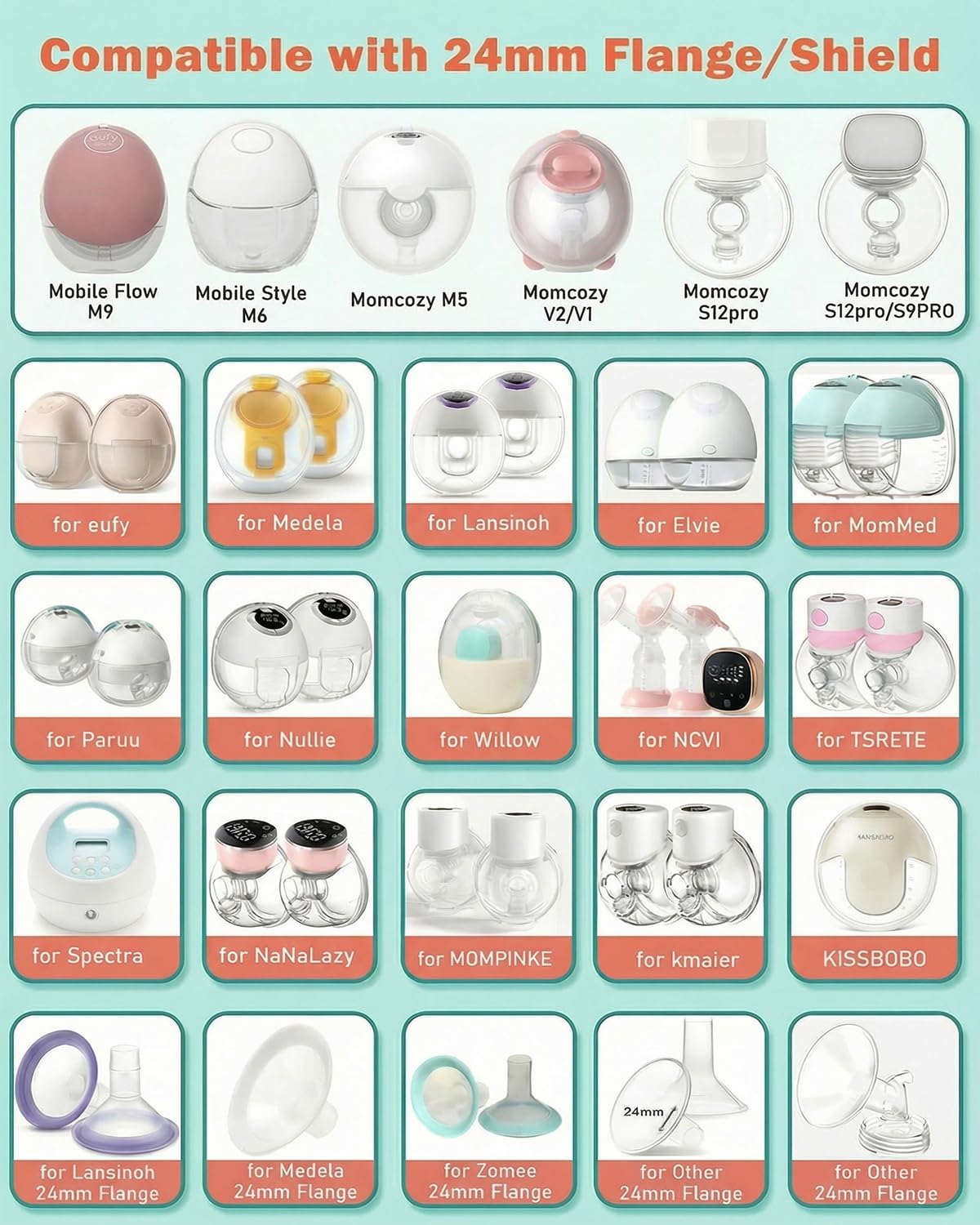 Zestaw 6 wkładek z kołnierzem (19 mm), kompatybilny z większością kołnierzy do pomp piersiowych 24 mm. Miękki silikonowy zestaw wkładek do Momcozy M5/M6/M9/S12 Pro/V1 Pro, Spectra, Medela, Elvie
