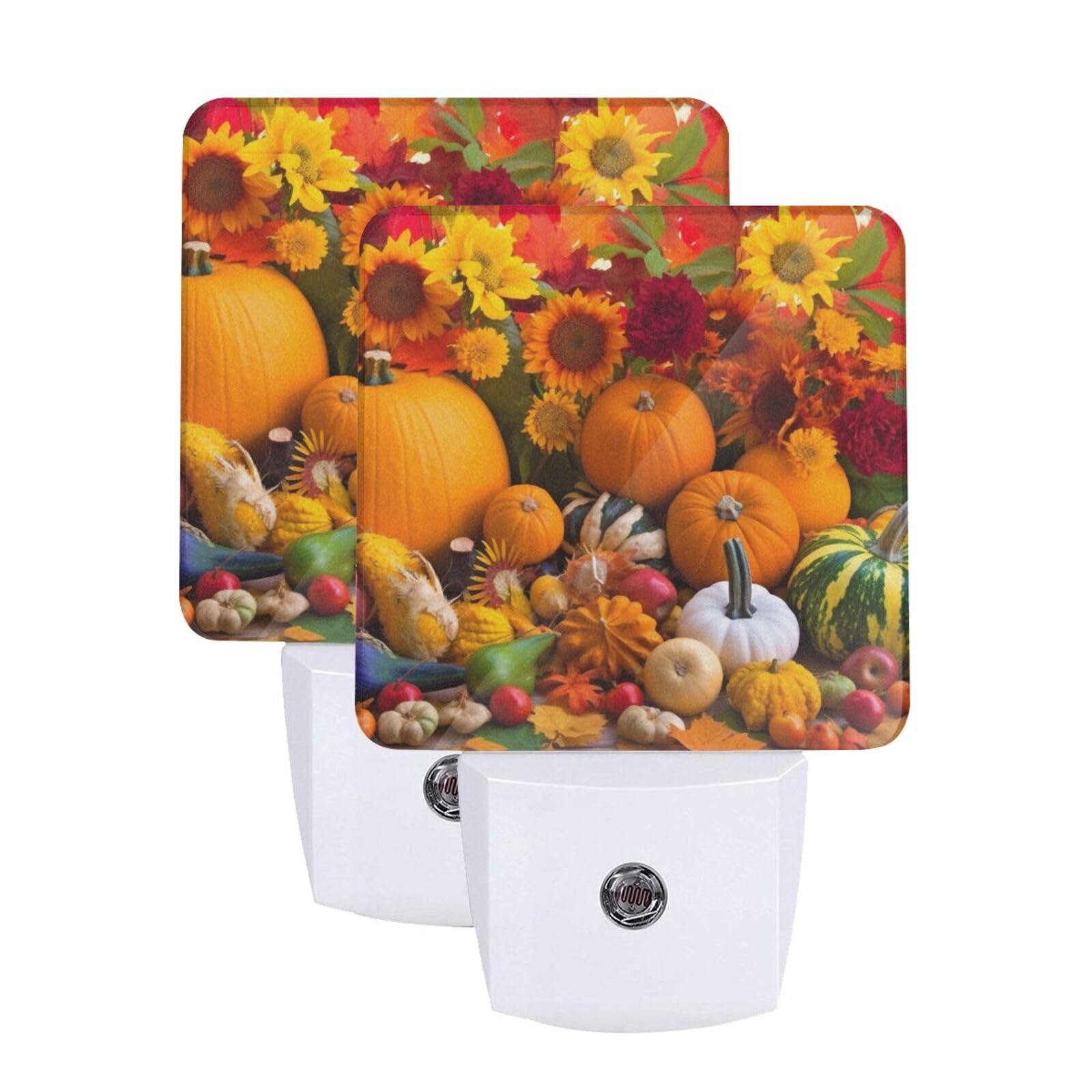 Fall Pumpkin Fruits Night Light Set of 2, Thanksgiving Auto Sensor LED Dusk-to-Dawn Nightlights, Plug-in Sensor Lamp for Bedroom Bathroom Kitchen Hallway Stairs Decorative