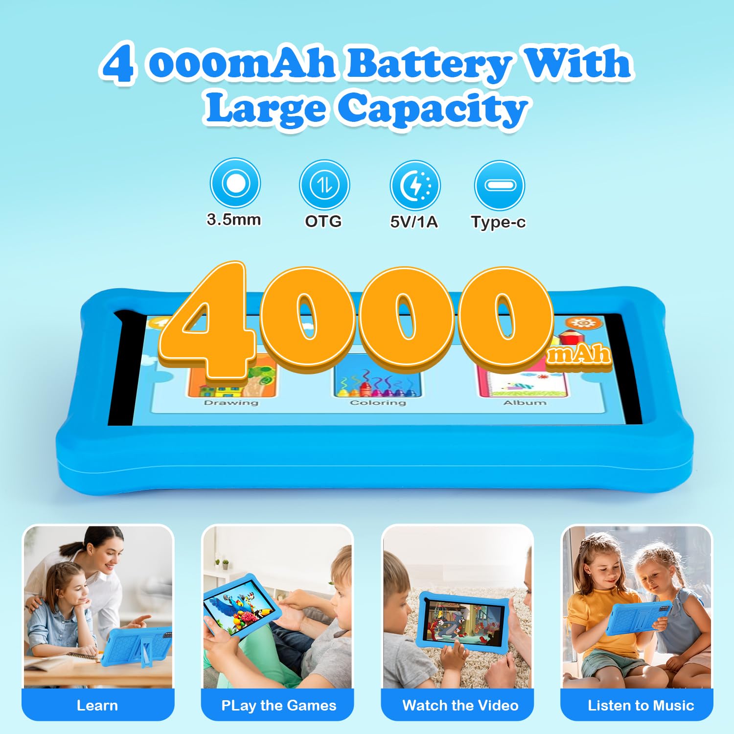 Tablet bambini 7 pollici Android 13, 8GB RAM+64GB ROM(128 GB Espandibile), Controllo Parentale, Display IPS, Doppia fotocamera, WiFi, App Pre-installed, Tablet Educativo con Custodia (Blu)