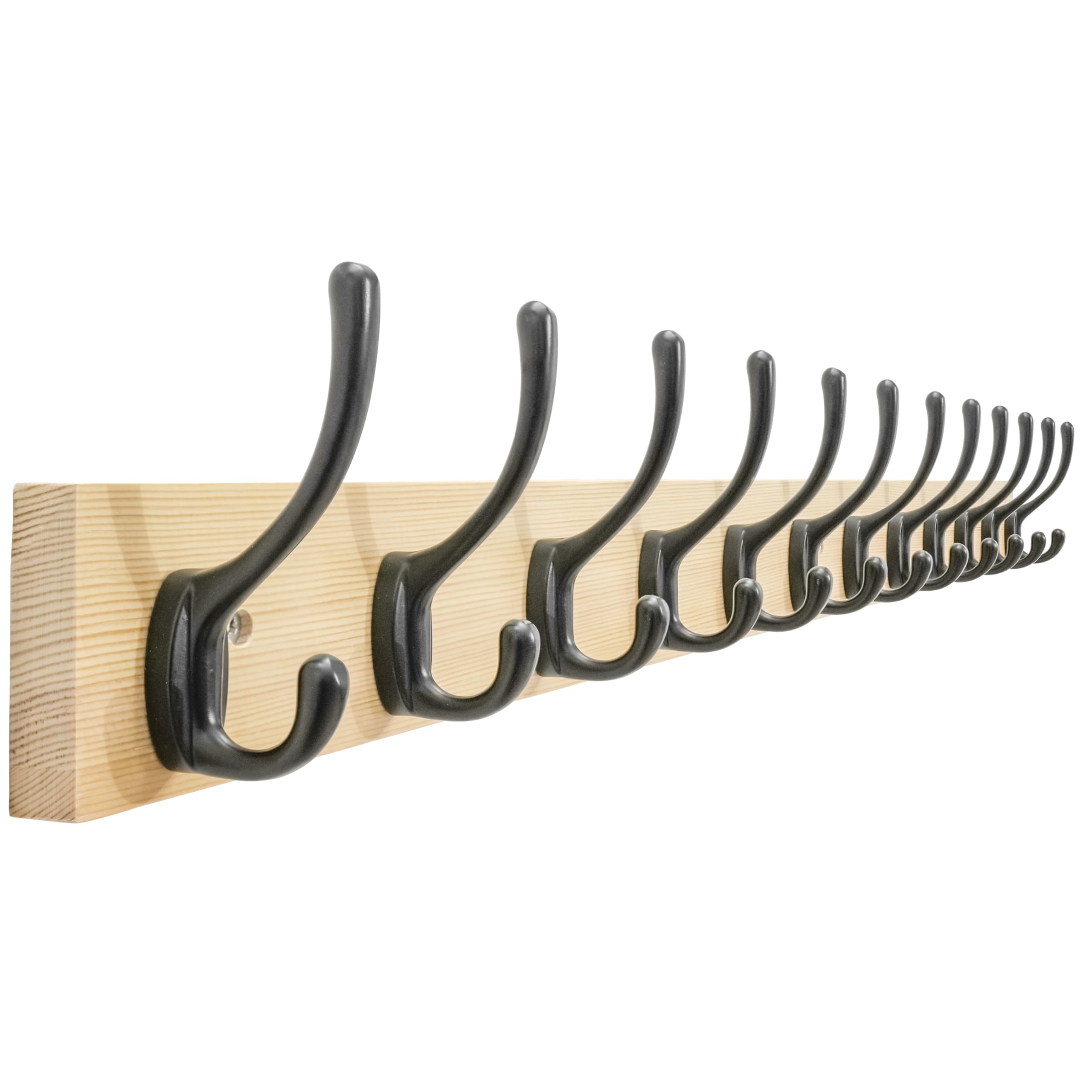 SKOLOO Solid Pine Wood Wall Mounted Coat Hooks, 91cm Long, 12-Hook Modern Entryway Organizer with 16" Stud Installation, for Hallway, Bathroom, Kitchen (Natural Wood & Black Hooks)​