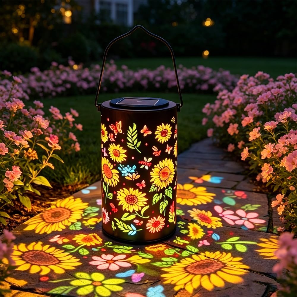 Colorful Sunflower Glow Solar Garden Lantern, Hanging Sunflower Solar Lantern with Colorful Projection, Waterproof Metal Cutout Lanterns Decorative Outdoor for Patio Lawn Yard Decor