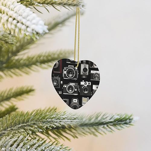 Miniatura 8 de Adorno de Navidad de 3 pulgadas, colgante de corazón de cerámica para árbol de Navidad, colección de cámaras geniales y retro, accesorios de adorno