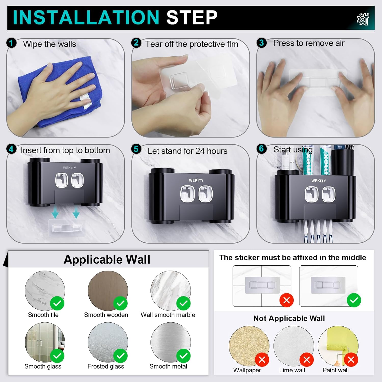 Toothbrush Holder,Multi-Functional Wall Mounted Toothbrush Holder,Toothpaste Dispenser for Bathroom with 2 Toothpaste Squeezers,5 Toothbrush Slots and 4 Cups(Black) - Image 7