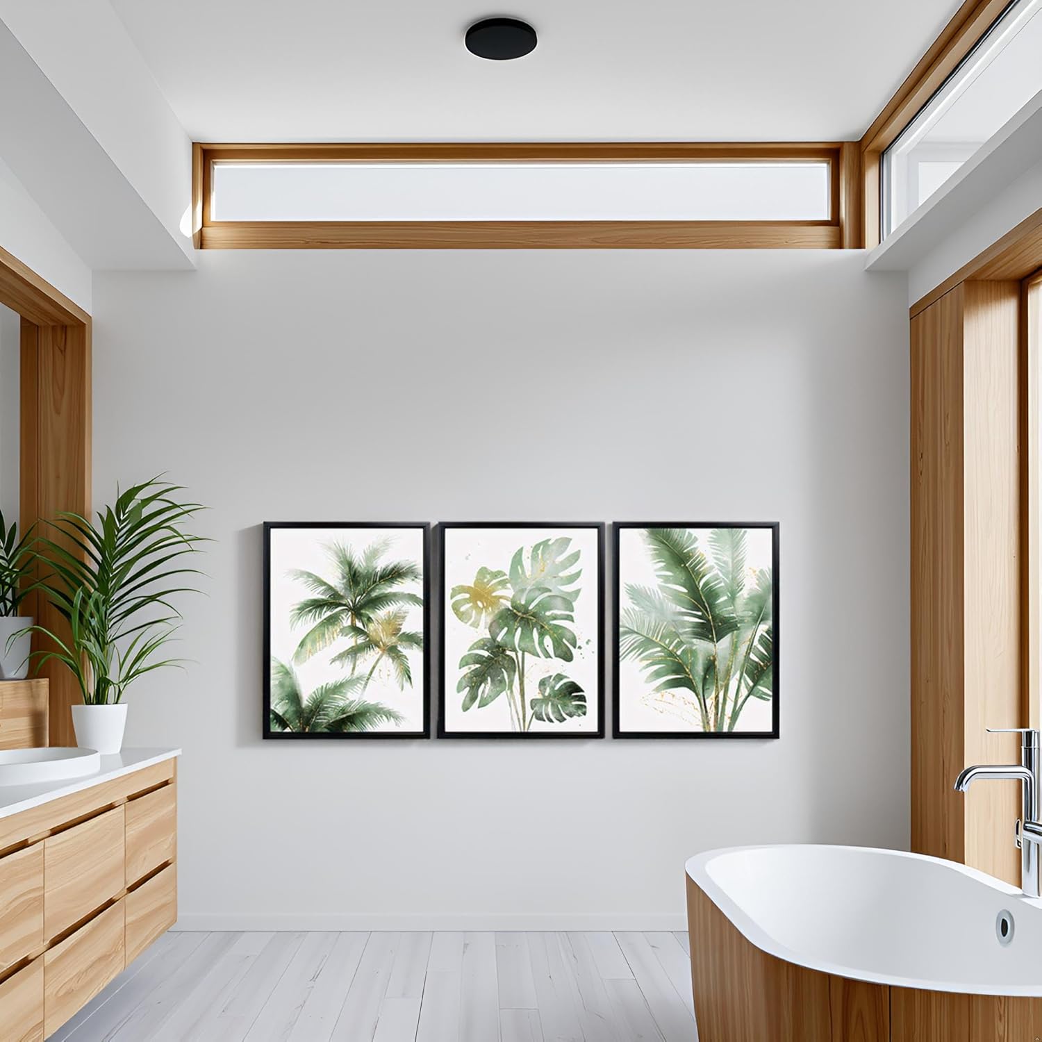Conipit Tropical Leaf Wall Art Botanical Canvas For Living Room Bathroom Wall Art Green Plant Pictures Wall Decor Art Prints, Black Frame,12''x16''x3panels