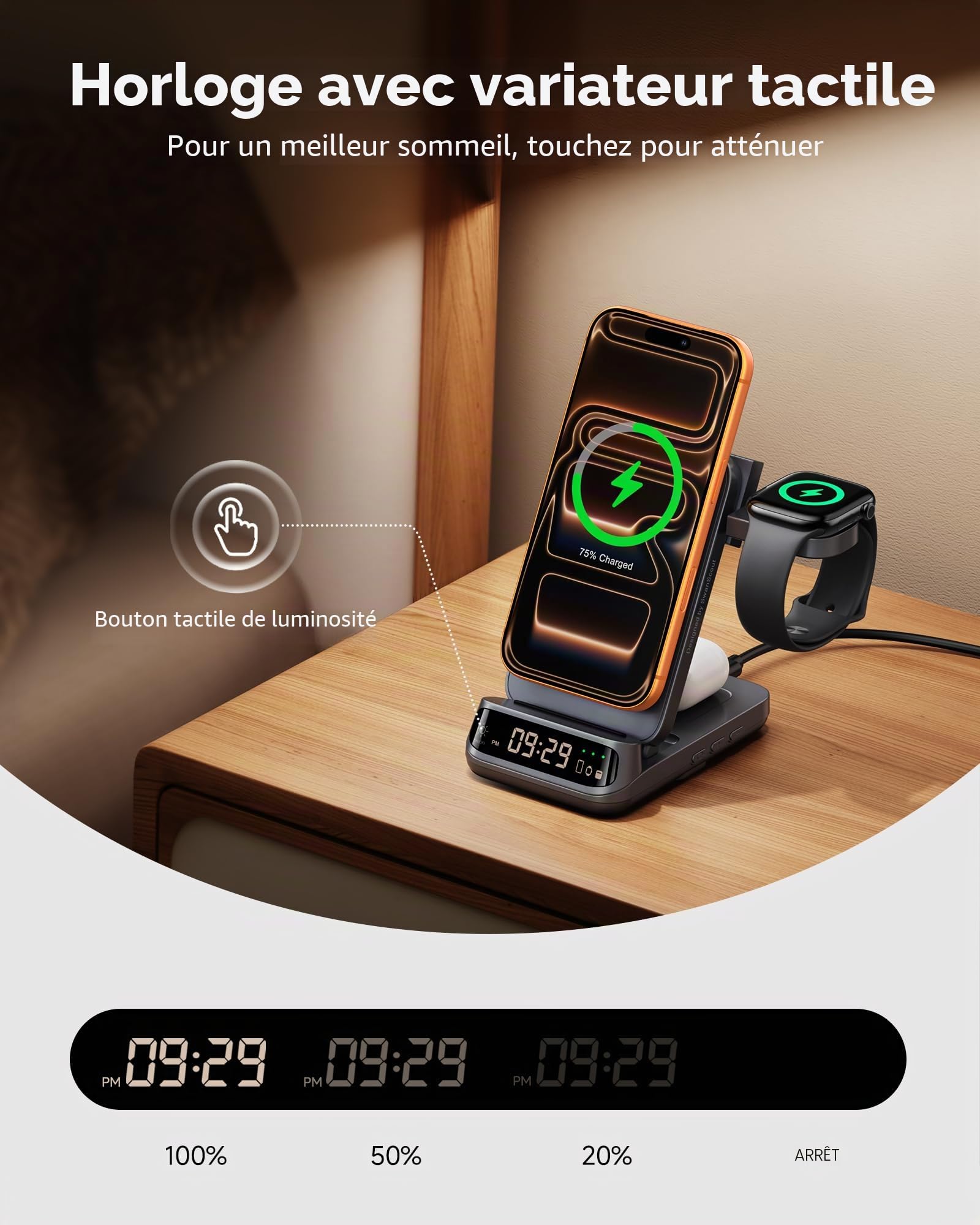 Support de chargeur sans fil 3 en 1 25 W compatible avec MagSafe, station de charge magnétique de voyage pliable avec horloge pour iPhone 17/16/15, Apple Watch, Air Pods, SwanScout 708M-25W