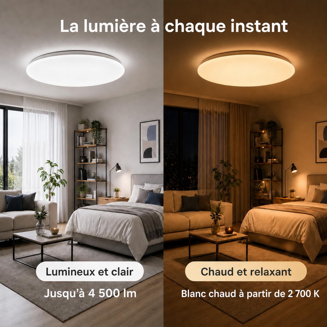 Yeelight Plafonnier LED 60cm, 4800LM RGBCW Intelligent Luminaire Plafonnier, Dimmable 2700K–6500K avec RGB Séparé, Installation Rapide, 16M Couleurs Compatible Alexa & Google, Application/Télécommande