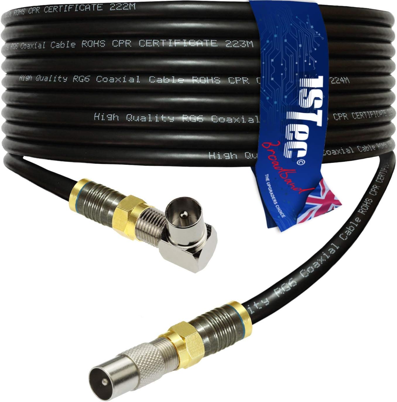 5m Black Right Angled Gold Digital Coaxial Plug to Straight Male TV Extension Cable + Cable Clips (5 Metre, Black)