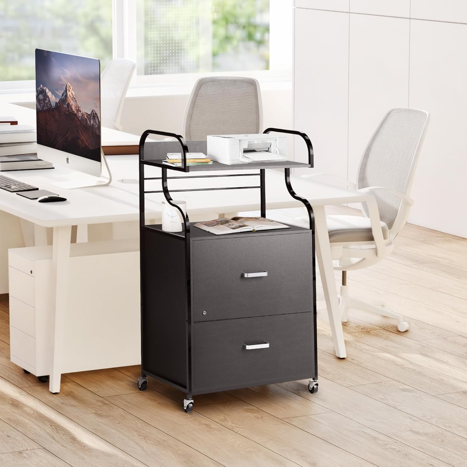 Vertical File Cabinet, 2 Drawer Mobile Filing Cabinet with 1 Bookshelf, Printer Stand with Open Storage Shelves Fits A4/Letter/Legal Size File Cabinets for Home Office Organizer, Black Vertical File Cabinet, 2 Drawer Mobile Filing Cabinet with 1 Bookshelf, Printer Stand with Open Storage Shelves Fits A4/Letter/Legal Size File Cabinets for Home Office Organizer, Black