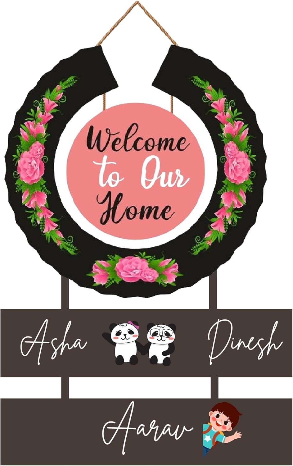 Webelkart Wooden Round Welcome To Our Home Customised Wall Hanging Name Plate For Home Entrance outdoor, Wooden Hanging House Name Plate - (16 x 10 Inches)