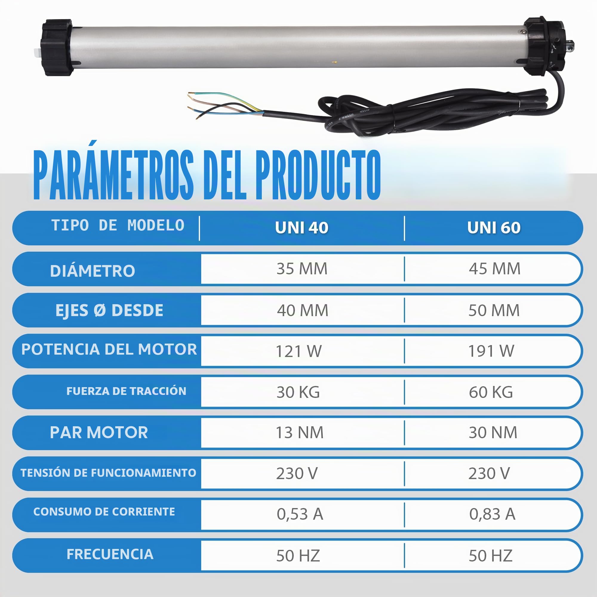 jarolift Motor Universal Electromecánico Uni 60, Motor Tubular para Persianas Enrollables SW60, Fuerza de Tracción 60 kg, con Protección Térmica
